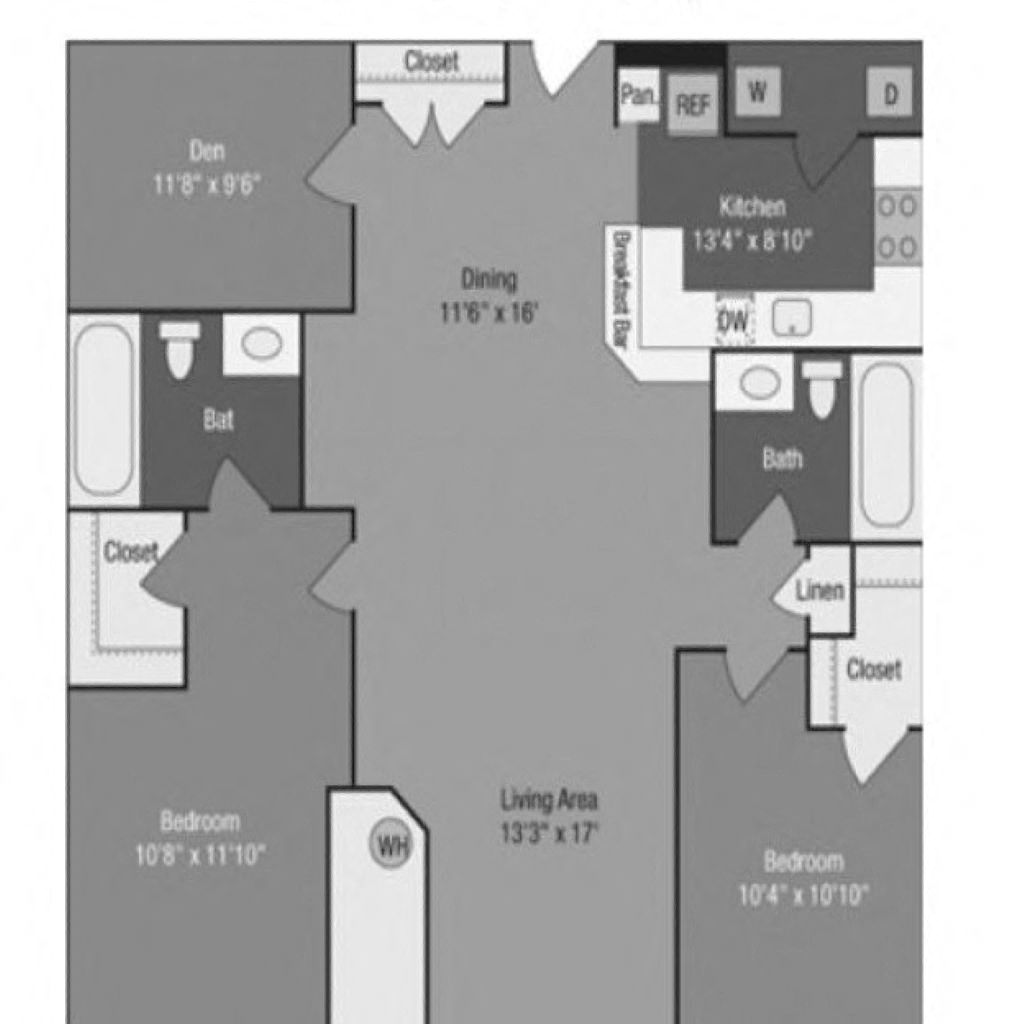 Floor plan for 2 beds, 2 baths, 1330 sqft
