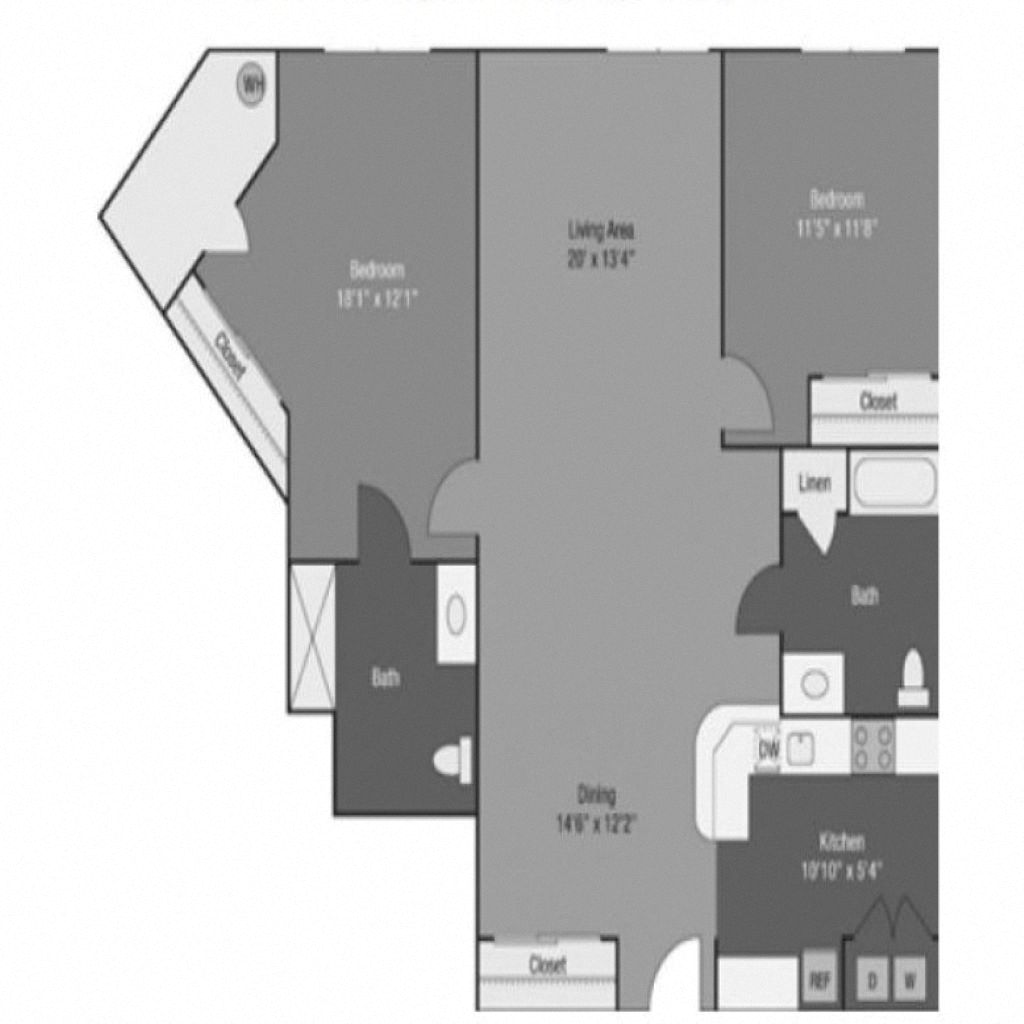Floor plan for 2 beds, 2 baths, 1345 sqft