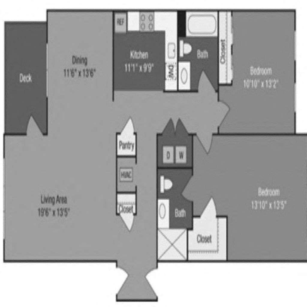 Floor plan for 2 beds, 2 baths, 1368 sqft