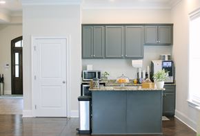 Greensboro apartment for rent - a kitchen with gray cabinets and a counter top and a white door