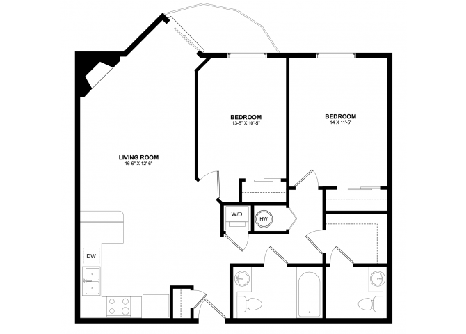 Floor plan for 2 beds, 2 baths, 1000 sqft