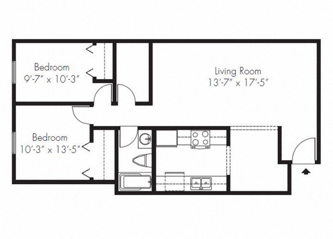 Floor plan for 2 beds, 1 bath, 900 sqft