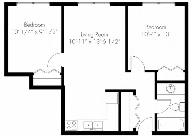 Floor plan for 2 beds, 1 bath, 570 sqft