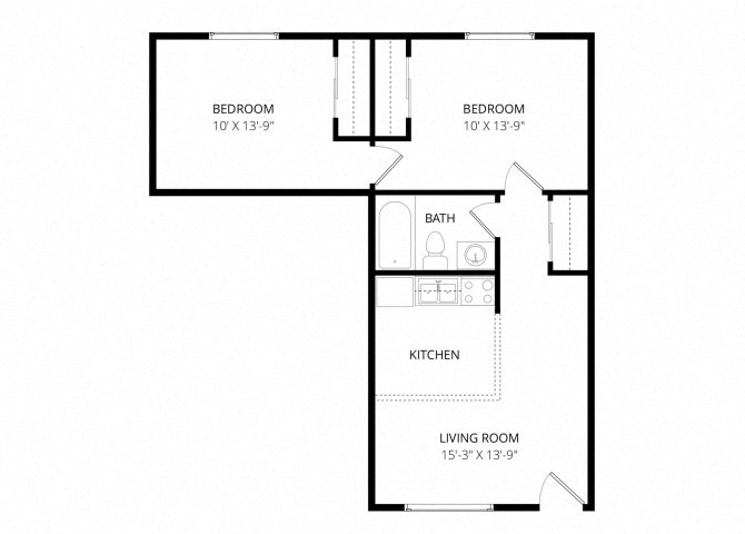 Floor plan for 2 beds, 1 bath, 574 sqft