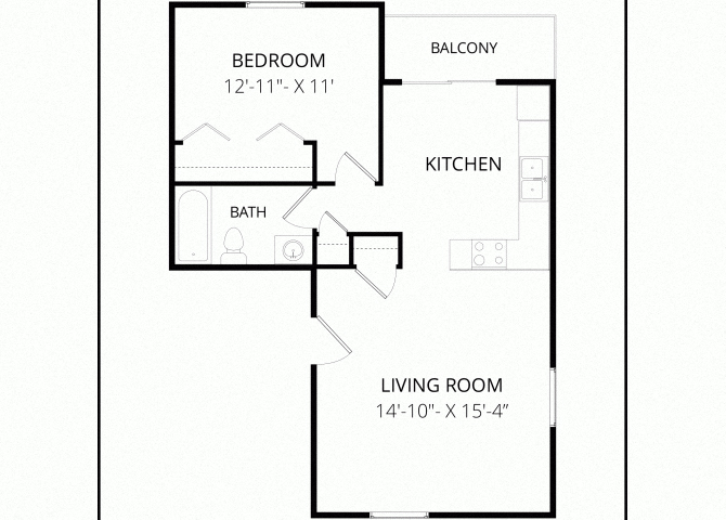 Floor plan for 1 bed, 1 bath, 630 sqft