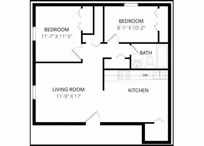 Floor plan for 2 beds, 1 bath, 725 sqft