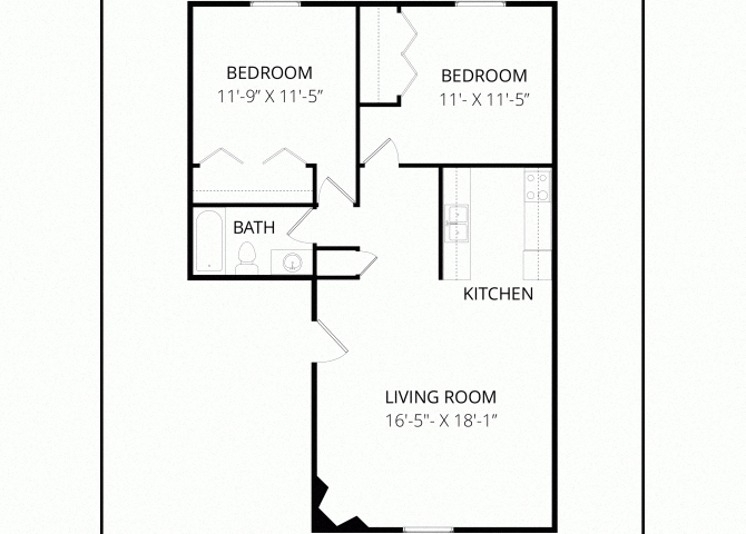 Floor plan for 2 beds, 1 bath, 865 sqft