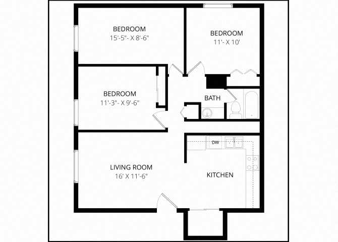 Floor plan for 3 beds, 1 bath, 820 sqft