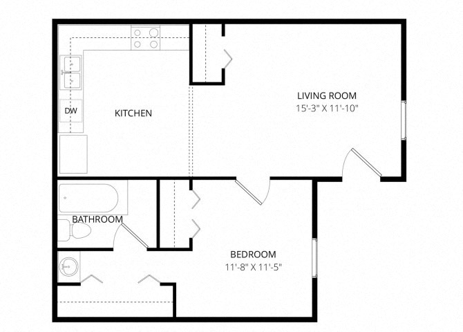 Floor plan for 1 bed, 1 bath, 580 sqft