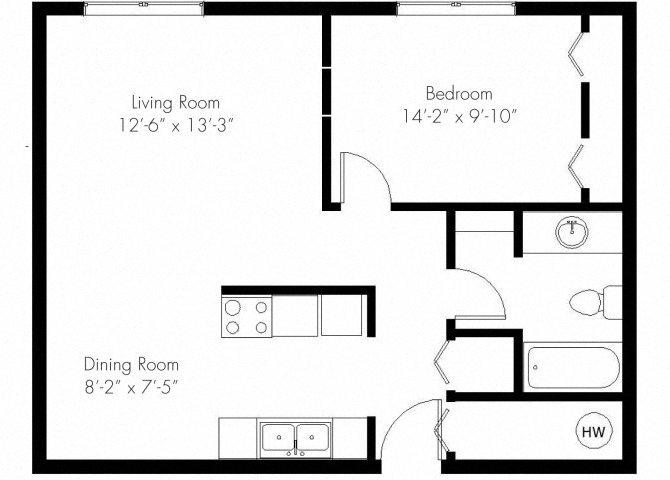 Floor plan for 1 bed, 1 bath, 547 sqft