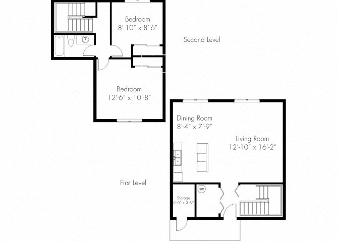 Floor plan for 2 beds, 1 bath, 975 sqft