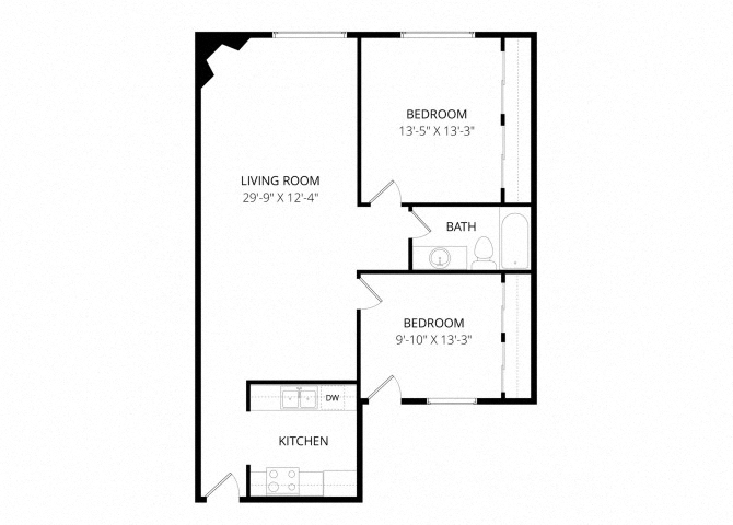 Floor plan for 2 beds, 1 bath, 809 sqft