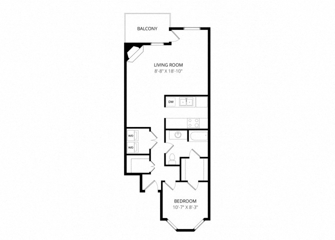 Floor plan for 1 bed, 1 bath, 880 sqft
