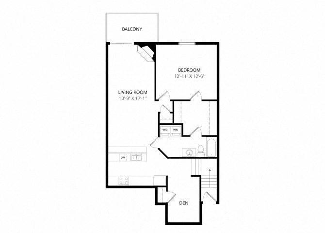 Floor plan for 1 bed, 1 bath, 1000 sqft