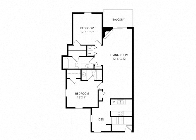 Floor plan for 2 beds, 2 baths, 1250 sqft