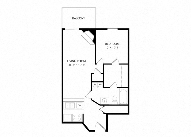 Floor plan for 1 bed, 1 bath, 880 sqft