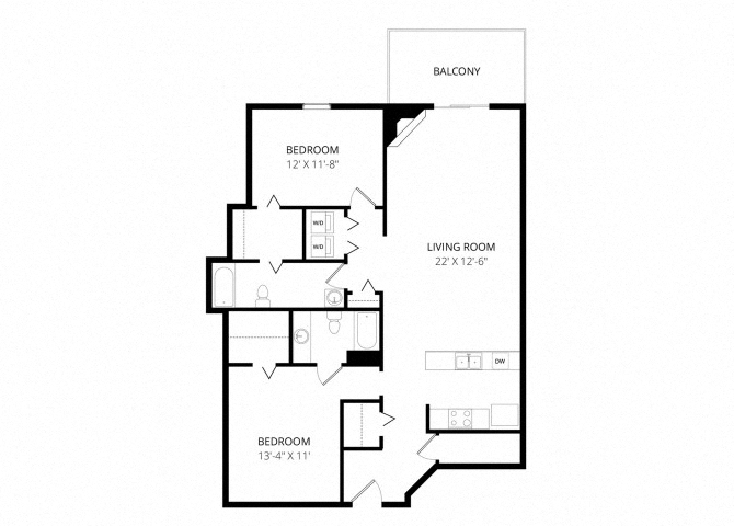 Floor plan for 2 beds, 2 baths, 1115 sqft