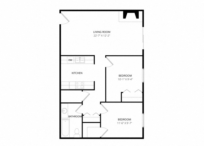 Floor plan for 2 beds, 1 bath, 1008 sqft