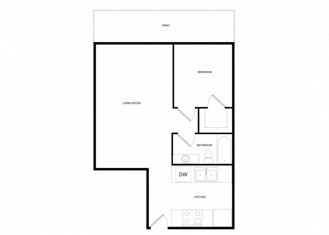 Floor plan for 1 bed, 1 bath, 611 sqft