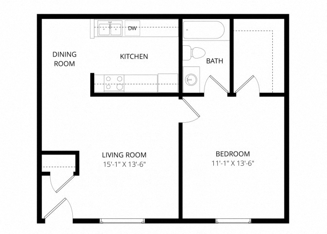 Floor plan for 1 bed, 1 bath, 572 sqft