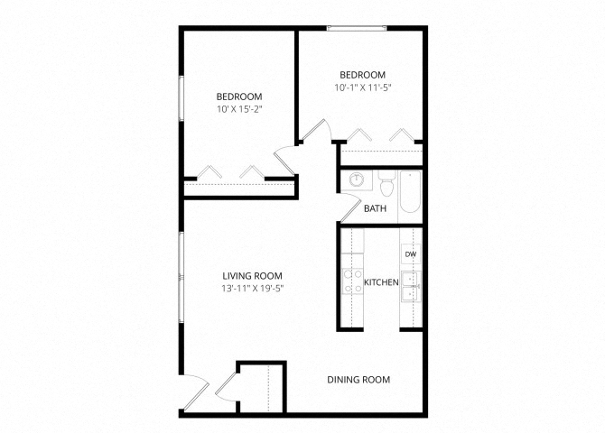 Floor plan for 2 beds, 1 bath, 770 sqft