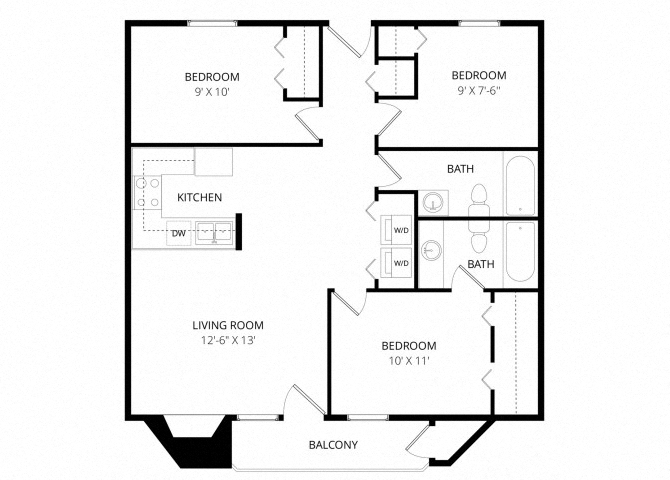 Floor plan for 3 beds, 2 baths, 950 sqft
