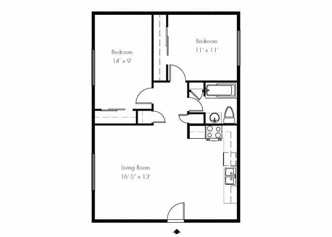 Floor plan for 2 beds, 1 bath, 950 sqft