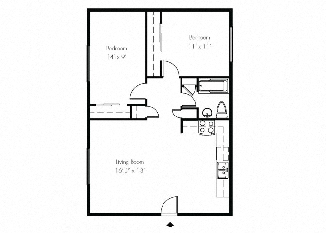 Floor plan for 2 beds, 1 bath, 850 sqft
