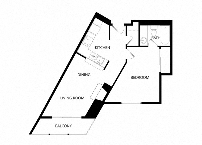 Floor plan for 1 bed, 1 bath, 520 sqft