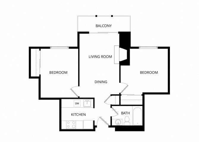 Floor plan for 2 beds, 1 bath, 680 sqft
