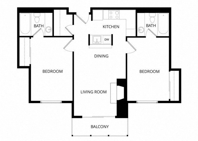Floor plan for 2 beds, 2 baths, 750 sqft