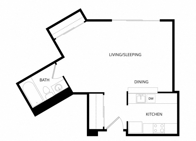 Floor plan for studio, 1 bath, 500 sqft