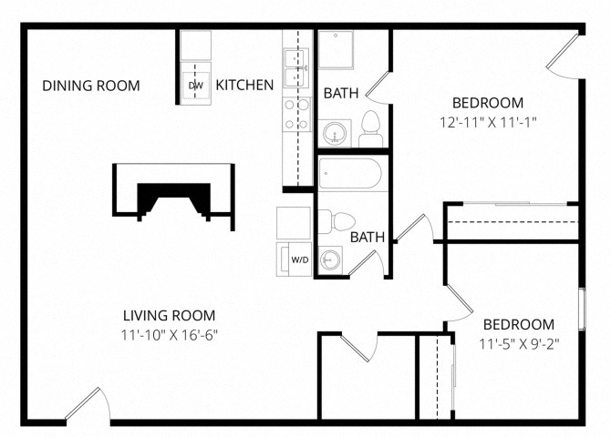 Floor plan for 2 beds, 2 baths, 920 sqft