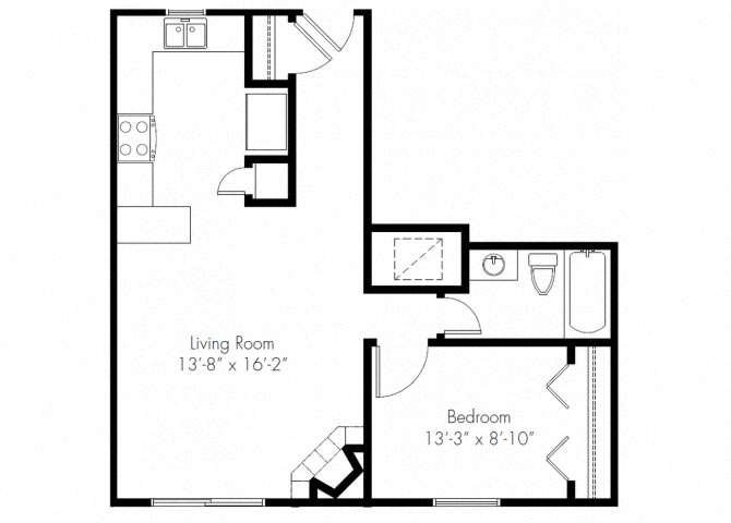 Floor plan for 1 bed, 1 bath, 606 sqft