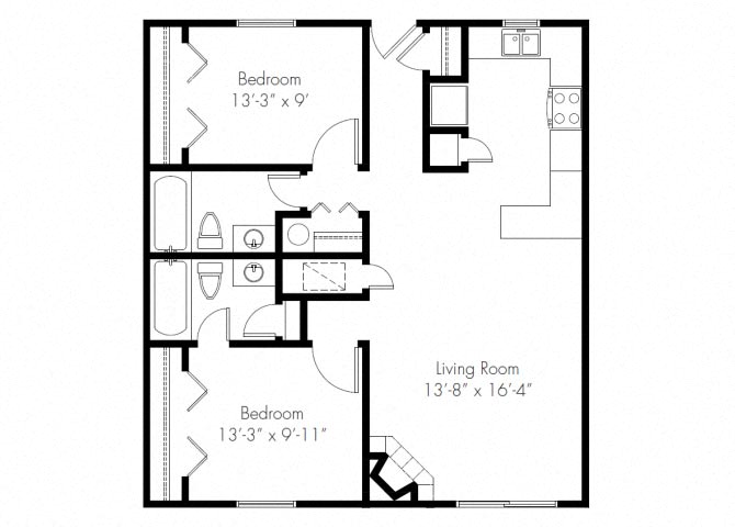 Floor plan for 2 beds, 2 baths, 756 sqft