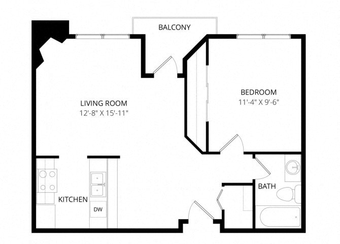 Floor plan for 1 bed, 1 bath, 600 sqft