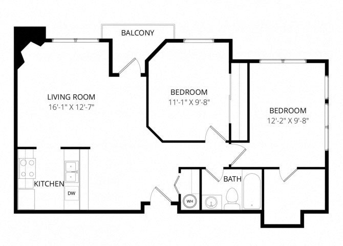 Floor plan for 2 beds, 1 bath, 725 sqft