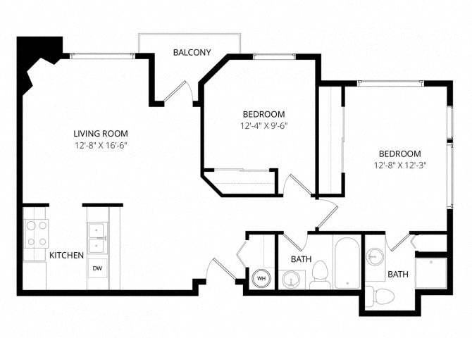 Floor plan for 2 beds, 2 baths, 640 sqft