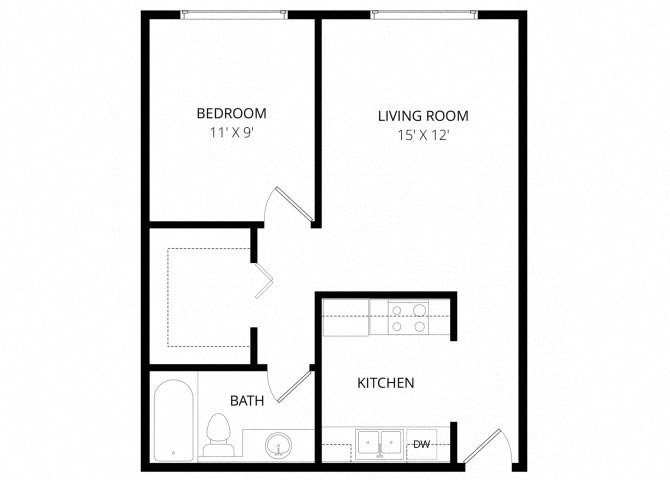 Floor plan for 1 bed, 1 bath, 500 sqft