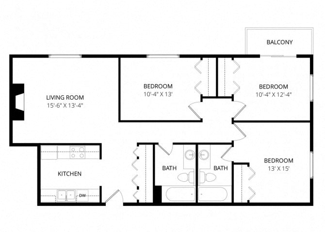 Floor plan for 3 beds, 2 baths, 960 sqft