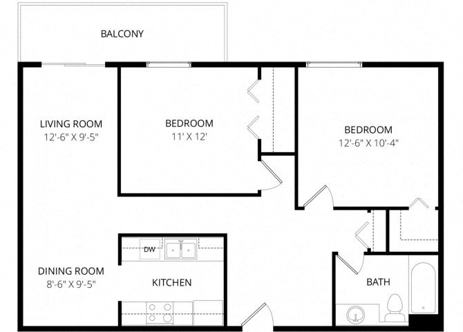 Floor plan for 2 beds, 1 bath, 865 sqft