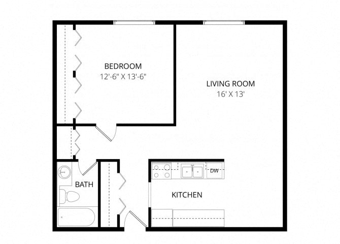 Floor plan for 1 bed, 1 bath, 688 sqft