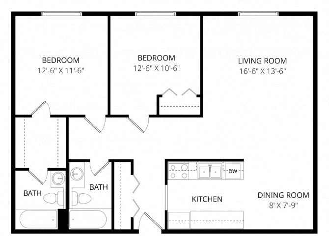 Floor plan for 2 beds, 2 baths, 900 sqft