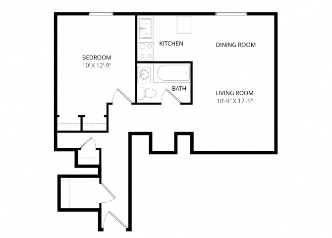 Floor plan for 1 bed, 1 bath, 460 sqft
