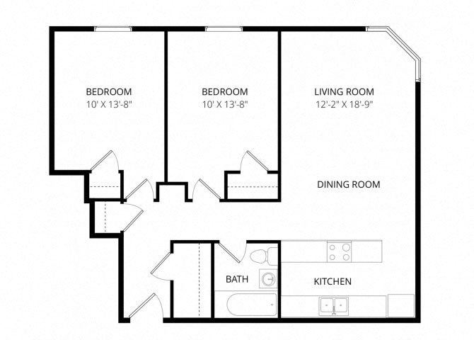 Floor plan for 2 beds, 1 bath, 716 sqft