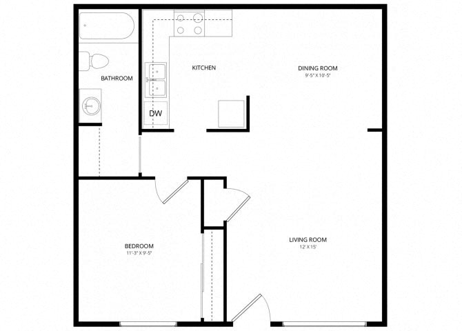 Floor plan for 1 bed, 1 bath, 650 sqft