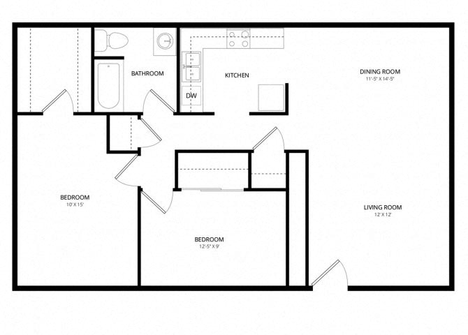 Floor plan for 2 beds, 1 bath, 950 sqft