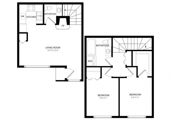 Floor plan for 2 beds, 1.5 baths, 912 sqft