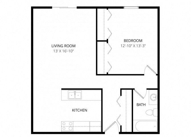 Floor plan for 1 bed, 1 bath, 728 sqft