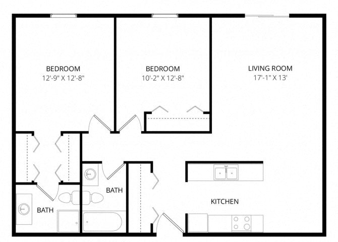 Floor plan for 2 beds, 2 baths, 832 sqft